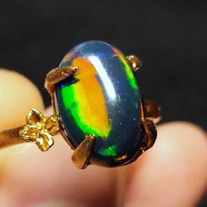 Black Fire Opal 14k Gold Statement Ring: Nature Inspired Design