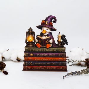 Halloween leeseend decoratie, hekseneend boekenstapel, gezellige herfst boekenplank decoratie, pompoen cadeau voor boekenliefhebber, gotische herfst huisdecoratie
