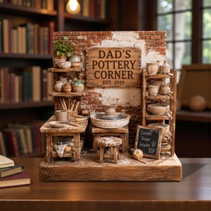 Può includere: Una scena in miniatura di studio di ceramica con uno sfondo di muro di mattoni e mensole di legno. L'insegna recita "Dad's Pottery Corner Est. 2010." Include un tornio, piccoli sgabelli e vari pezzi di ceramica. Una lavagna dice "Create Shape Inspire."
