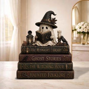 May include: A whimsical Halloween-themed figurine featuring a ghost wearing a witch hat, reading a book atop a stack of antique-style books. The books are titled "The Midnight Library", "Ghost Stories", "The Witching Hour", and "Haunted Folklore". A lantern and a raven are also present.
