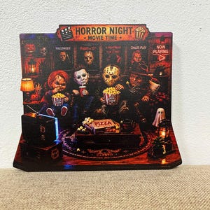 Houten blok horrorfilm nacht, decor ventilator slasher, bord Halloween-filmkamer, cadeau horror minnaar, decor spookachtige film marathon