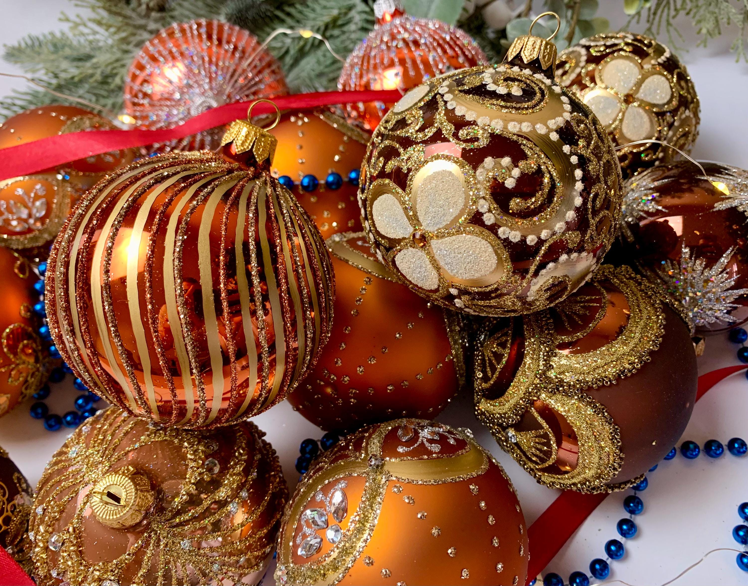 銅と金のクリスマスオーナメント – ガラスボール10個セット – 高級