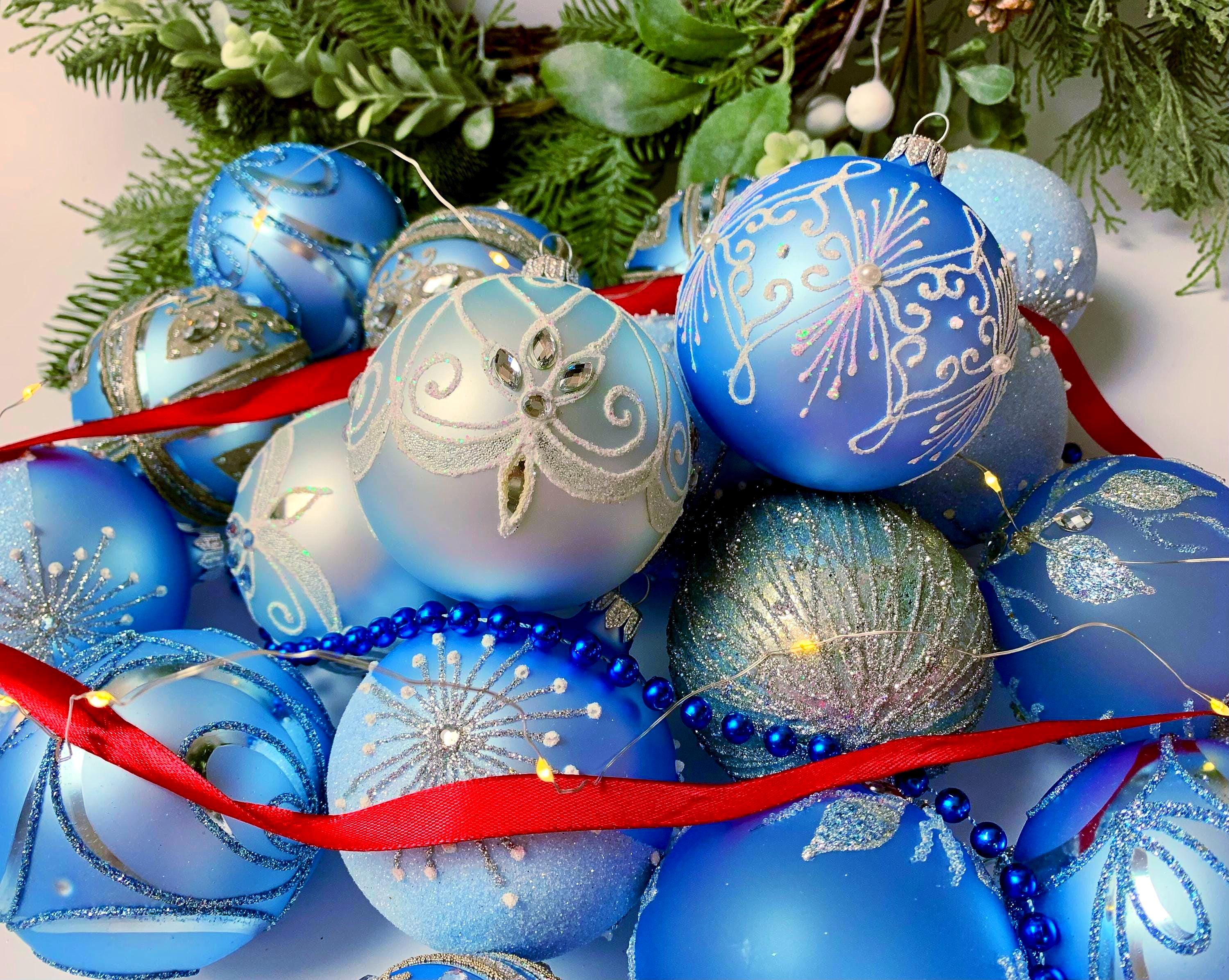 ブルー＆シルバーのクリスマスオーナメントセット – 手作りガラス