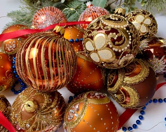 銅と金のクリスマスオーナメント – ガラスボール10個セット – 高級