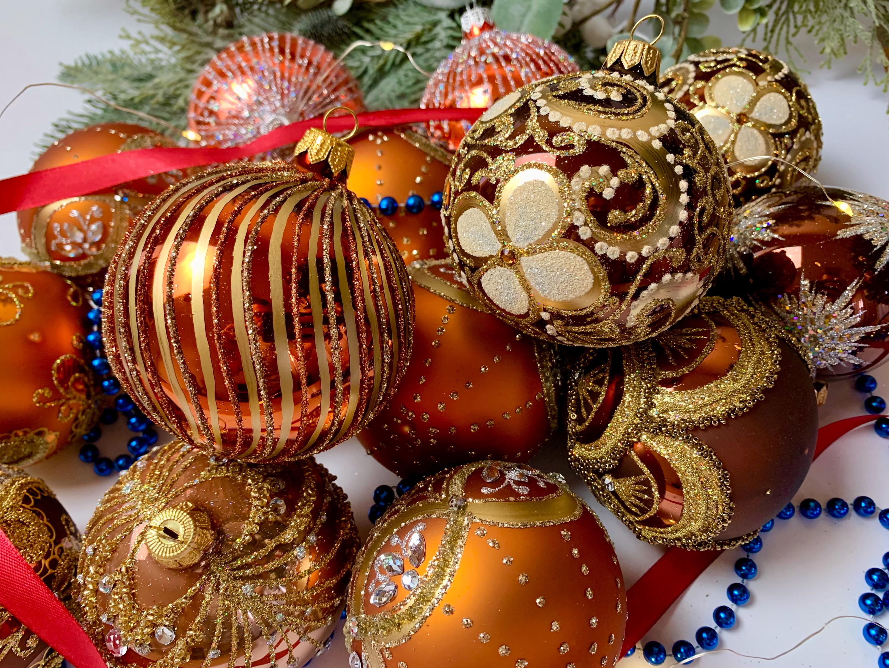 銅と金のクリスマスオーナメント – ガラスボール10個セット – 高級