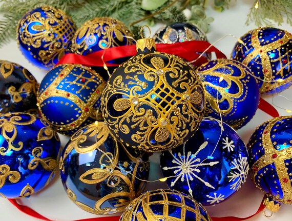 10er Set Christbaumschmuck in Blau und Gold – Handgefertigte Glaskugeln – Vintage Barock Baumschmuck – Handgefertigte Weihnachtskugeln