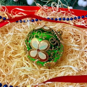 Glass Christmas Ornament – Green and Gold Bauble with White Flower – Hand Painted Holiday Decoration – Collectible Xmas Ball