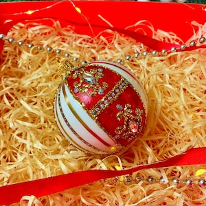 Red and White Glass Christmas Ornament – Handmade Holiday Bauble with Gold Glitter Scrolls and Rhinestones – Elegant Tree Decoration