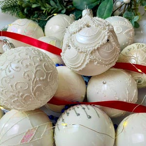 Luxury White Glass Ornaments – 10 Christmas Balls – Handmade Holiday Bauble Collection – Elegant Wedding Tree Decorations
