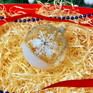 Transparent Christmas Ornament – Handmade Glass Bauble – Glitter Snowflake Holiday Tree Decoration – Collectible Xmas Decor
