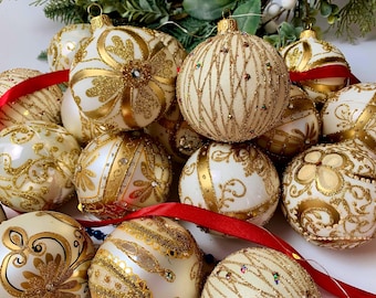 Enfeites de Natal brancos e dourados – Conjunto de 20 bolas de vidro artesanais – Decorações elegantes para árvores de Natal – Decoração de Natal luxuosa