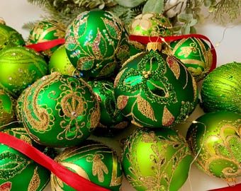 Handmade Christmas Ornaments Set of 20 – Green and Gold Glass Baubles – Festive Glitter Ornaments – Luxury Holiday Tree Decorations