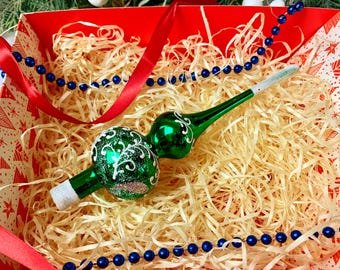 Adorno para la punta del árbol de Navidad, color verde, de cristal de 18 cm, estilo vintage, hecho a mano, con punta esmeralda.