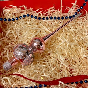 Pink Christmas Tree Topper – 7 inch Handmade Glass Ornament – Elegant Holiday Finial with Glitter & Snowflake Design