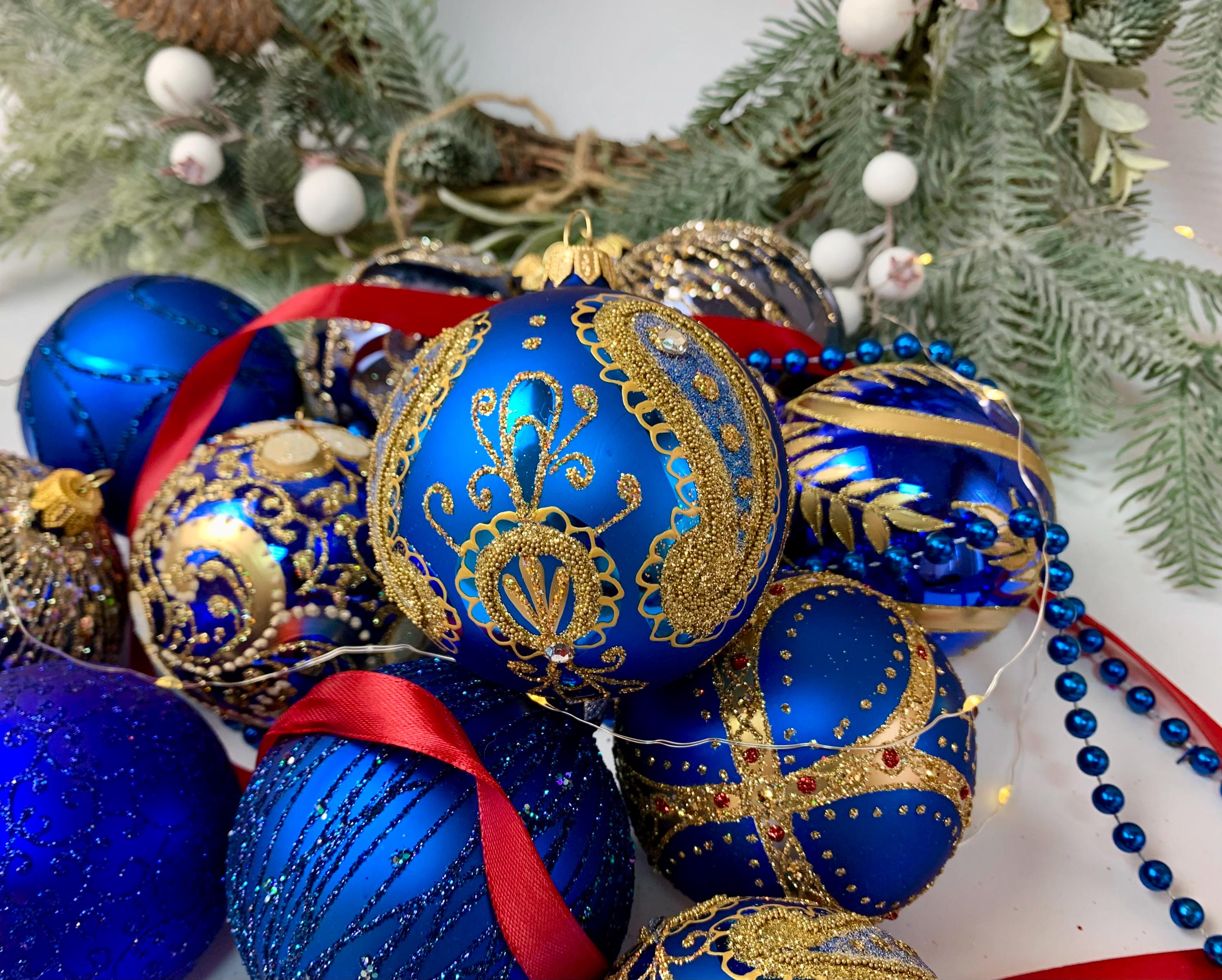 Glas Weihnachtsschmuck Blau Silber - Handgefertigte Kugeln Set - Glitter Baum Dekor - Klassische Weihnachtsdekoration - Vintage Weihnachts-Set