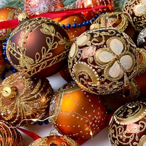 Handmade Glass Ornaments Set of 30 – Orange and Gold Christmas Baubles – Glitter Holiday Balls – Elegant Tree Decorations