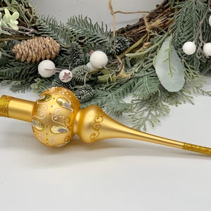 Glass Christmas Tree Topper – Gold Handmade Blown Glass Finial Ornament for Holiday Decor, Elegant Xmas Tree Decoration, Gift Idea