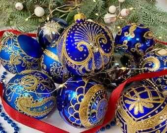 手作りブルーガラスクリスマスボール – ヴィンテージスタイルの