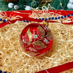 Glass Christmas Ornament – Red and Gold Bauble with Glitter Leaves – Hand Painted Holiday Decoration – Collectible Xmas Ball