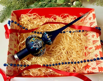 Adorno ucraniano para la cima del árbol – Remate de cristal azul oscuro de 27 cm – Adorno folclórico pintado a mano – Decoración navideña mate para el árbol