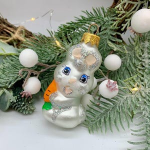 Christmas Glass Ornament Handmade – Rabbit Whimsical Blown Glass Tree Bauble – Limited Edition Holiday Decoration – Gift for Her