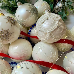 White Christmas Ornaments – Elegant Glass Baubles – Handmade White Tree Decorations – Holiday Decor – Set of 30 Christmas Balls