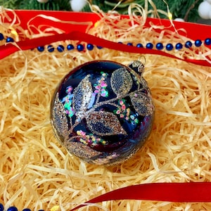 Blue Silver Christmas Ornament – Handmade Glass Bauble – Festive Holiday Tree Decoration – Unique Elegant Xmas Ornament