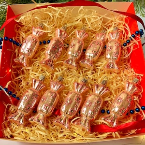 Pink Glass Candy Ornaments – Handmade Christmas Sweets – Set of 10 – Elegant Holiday Tree Decorations – Vintage Style Decor
