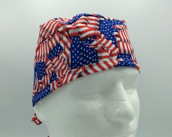 USA Flag - Men's Tie-back Surgical Scrub Hat