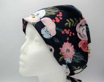 Navy Floral - Women's Tie-back Surgical Scrub Hat