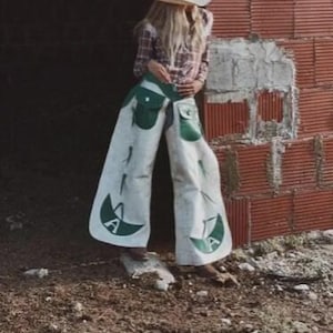 Handmade Leather Chinks Chaps – White & Green Western Fringe Pants, Horse Riding, Equestrian Gear, Cowboy Costume, Gifts for Women