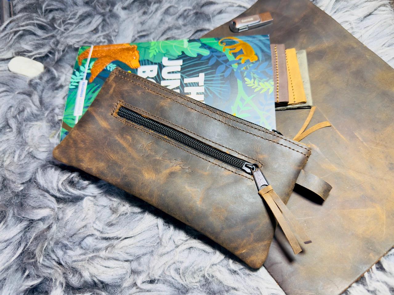 Handmade Leather Pencil Case with Zipper | Artist Marker & Pen Holder | Coin Pouch | School, Office, University Stationery Organizer