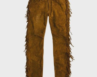 Men’s Brown Suede Leather Fringe Pants – Western Cowboy Rodeo Style Chaps Inspired Trousers, Vintage Boho Festival Handmade Outfit
