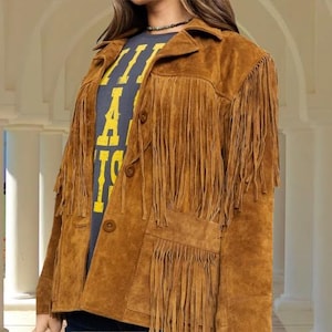 Western Fransen Lederjacke - Vintage Wildleder Cowboymantel für Herren & Damen, handgefertigte Retro Rodeo Style Boho Festival Fransen Oberbekleidung
