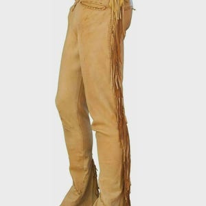 Men’s Yellow Leather Fringe Pants – Handmade Cowboy Rodeo Style Trousers, Vintage Western Ragged Leather Pants for Festivals & Fashion