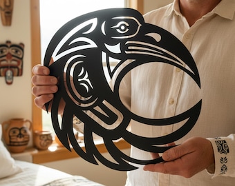Haida Raven Metal Wall Art, Northwest Coast Indigenous Style Wall Sign, Tribal Raven Silhouette Decor, Spiritual Native American Totem Sign