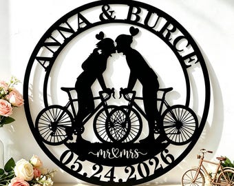 Personalized Couple Bicycle Wall Decor, Custom Mr & Mrs Name Date Metal Art, Romantic Lover Silhouette Sign, Wedding Anniversary Wall Art