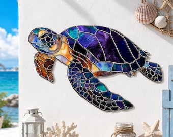 2D Flat Stained Glass Sea Turtle Metal Wall Art, Colorful Galaxy Turtle Silhouette Metal Sign, Nautical Coastal Wall Decor, Beach House Sign