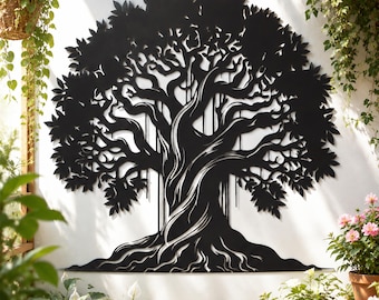 Twisted Banyan Tree of Life Metal Wall Art, Large Gnarled Root Tree Silhouette Sign, Rustic Forest Nature Indoor Outdoor Wall Decor