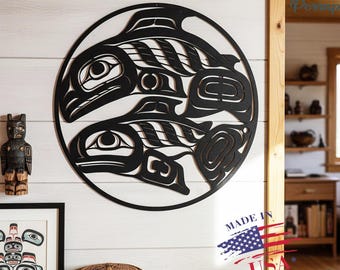 Alaskan Native Salmon Metal Wall Art,Native American Style Salmon Metal Sign,Salmon Tlingit Haida Metal Sign,Native Alaskan Metal Wall Decor