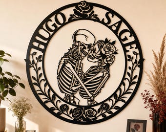 Custom Skeleton Couple Metal Wall Sign With Names, Forever Love Skull Couple Wall Decor, Romantic Rose Wreath Metal Art, Anniversary Gift