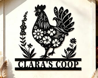 Custom Floral Chicken Coop Wall Decor, Farm Animal Silhouette Sign, Rustic Barn Outdoor Wall Art, Personalized Hen House Wall Art