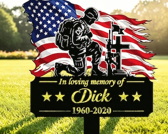 Personalized American Flag Cross Garden Sign, Custom Veteran Memorial Metal Stake, In Loving Memory Military Soldier Grave Marker