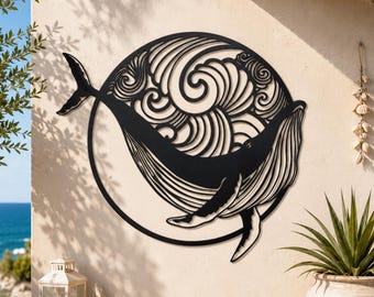 Whale Wave Metal Wall Decor, Ocean Sea Creature Wall Decor, Coastal Nautical Indoor & Outdoor Wall Art, Beach House Wall Art