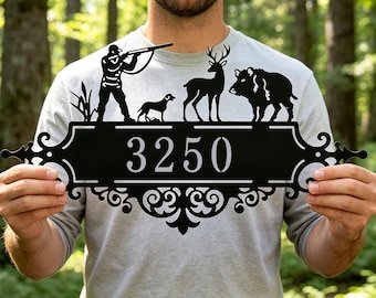 Custom Hunting Scene House Number Sign, Hunter Dog Deer Wild Boar Silhouette Wall Art, Outdoor Cabin Address Wall Decor, Front Porch Sign