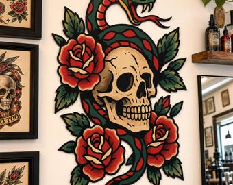 Old School Skull Snake Rose Metal Wall Sign, Traditional Tattoo Art Wall Decor, Gothic Floral Skull Plaque, Tattoo Shop Wall Art