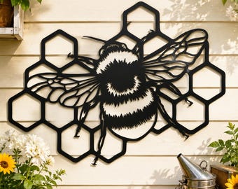 Bumblebee Honeycomb Silhouette Metal Wall Art, Rustic Bee Metal Sign, Farmhouse Bee Hive Wall Decor, Outdoor Garden Nature Wall Sign