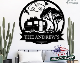 Custom Camping Sign with Family Name, Outdoor Themed Metal Wall Art, Personalized Campsite Decor,RV CampingName Sign, Adventure Themed Metal
