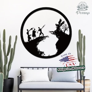 May include: Black metal wall art depicting a silhouette scene within a circular frame. The artwork features figures on a cliff, a tree, and an eagle. The words "MADE IN USA" are visible.