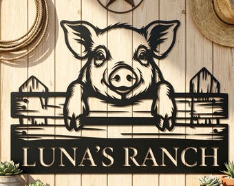 Custom Pig Ranch Metal Sign, Personalized Farm Name Wall Art, Cute Pig Fence Farmhouse Decor, Outdoor Farm Metal Wall Decor